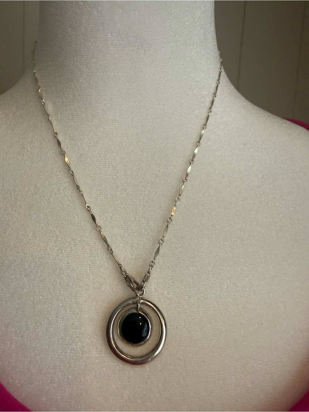 Sterling Silver Circular Pendant Necklace with Black Onyx Accent